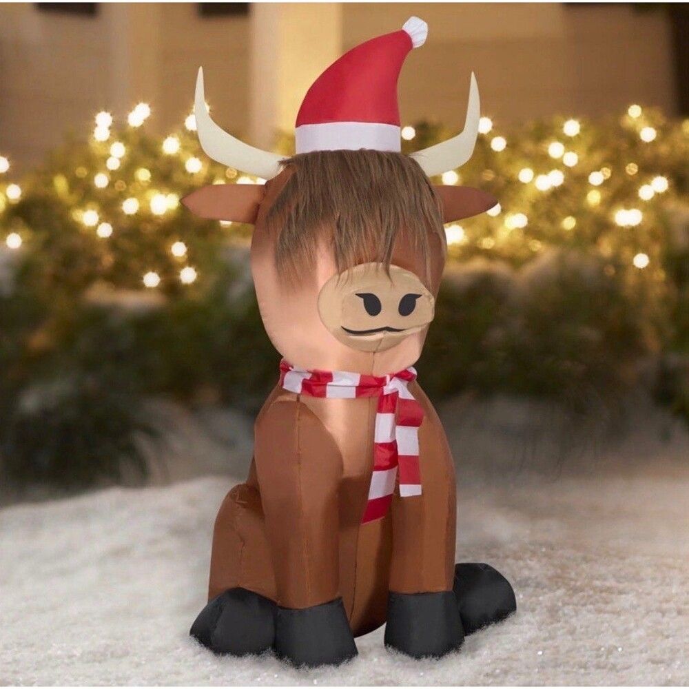 3.5ft Scottish Highlander Cow in Santa Hat Holiday Inflatable